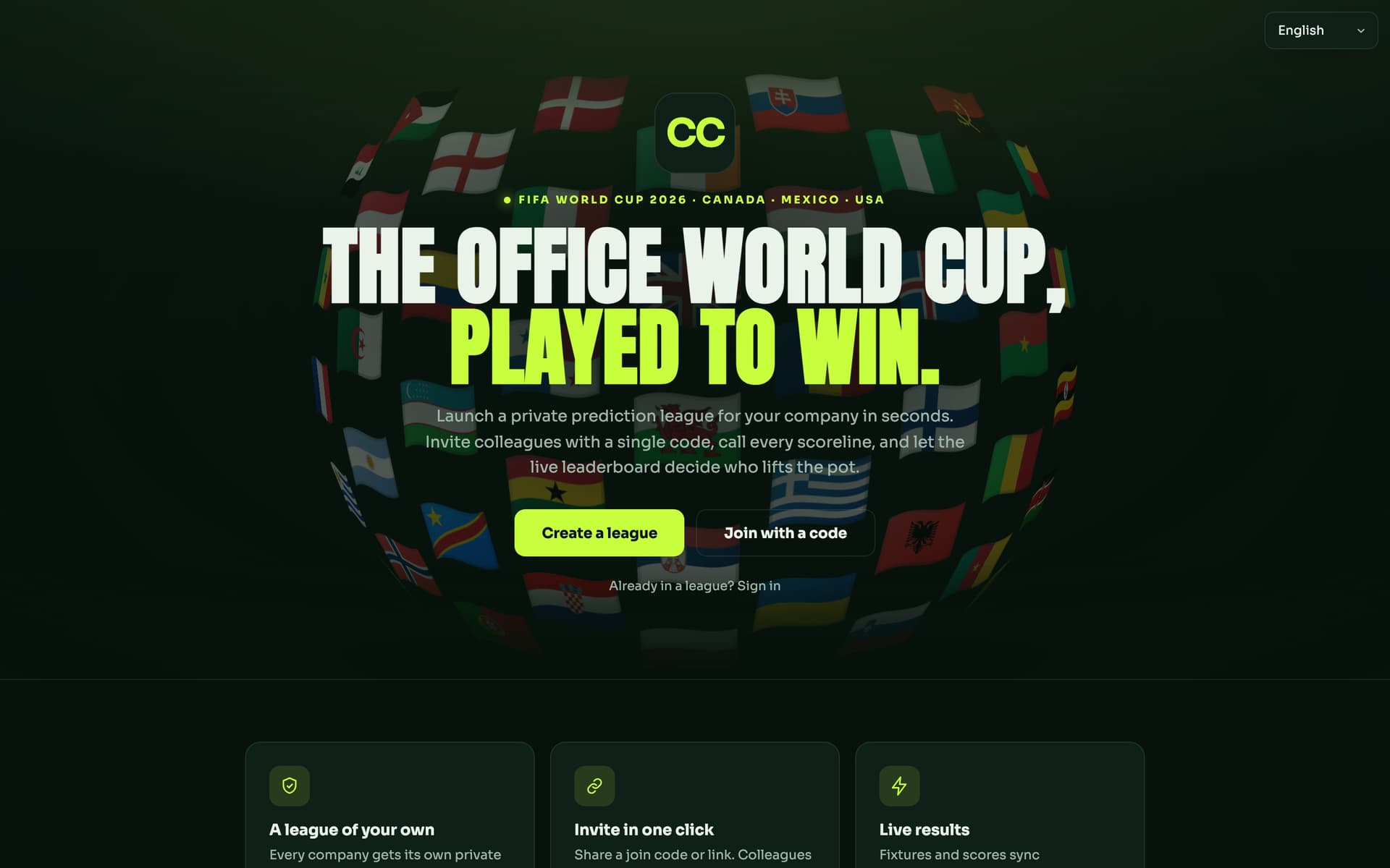 Cubicle Cup landing page — a globe of national flags behind the headline “The office World Cup, played to win”