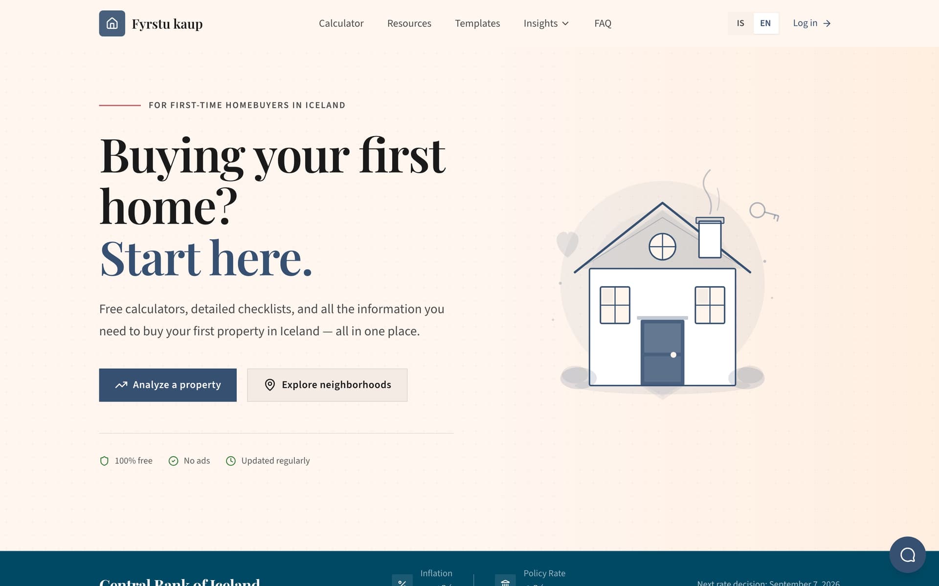 Fyrstu kaup landing page — “Buying your first home? Start here” beside a line drawing of a house
